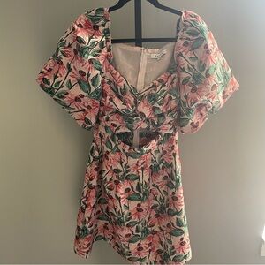 Moodie Floral Puff Sleeve Jacquard Mini Dress Size Small